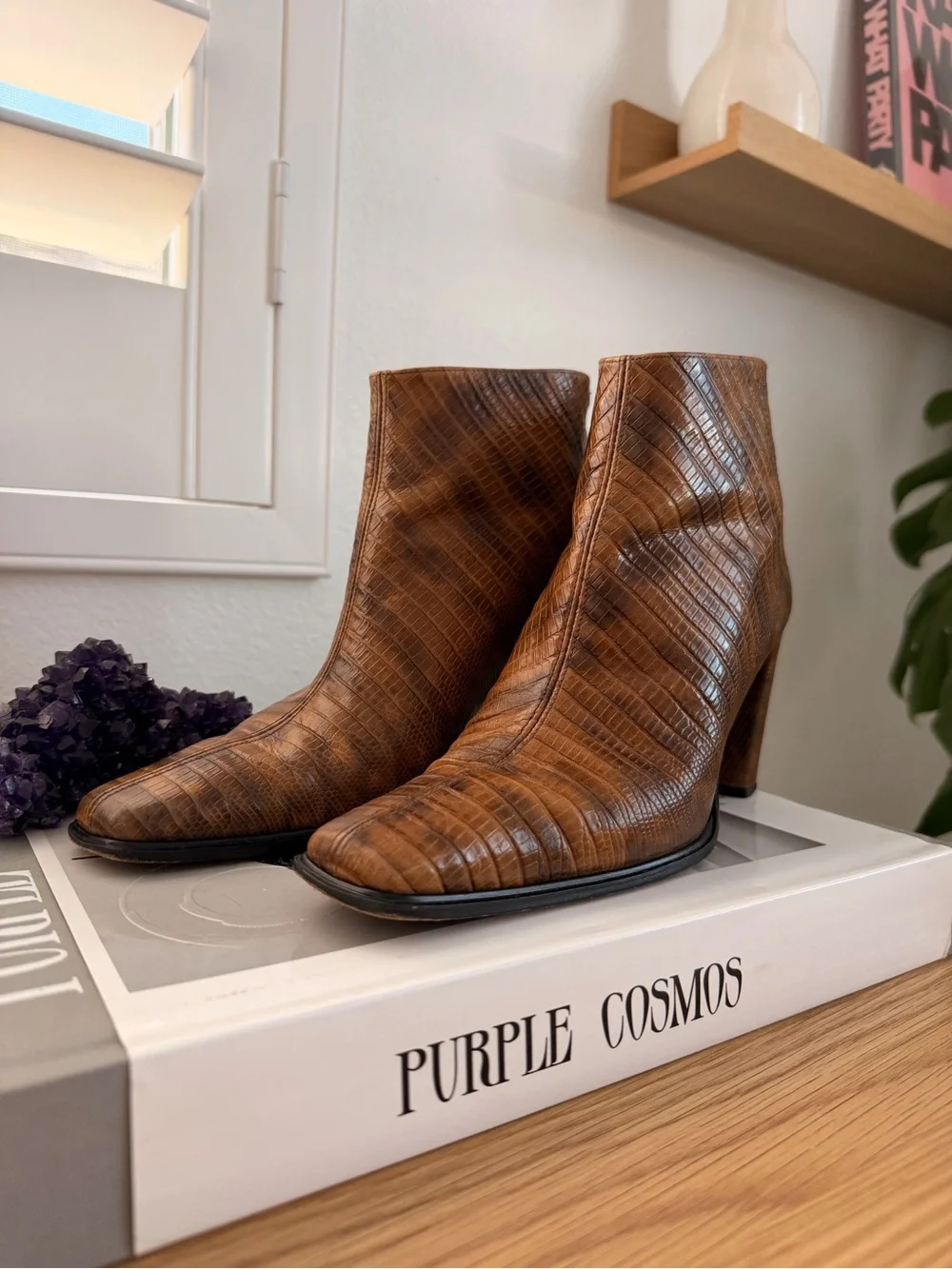 Stuart Weitzman Croc-Embossed Brown Leather Ankle Booties